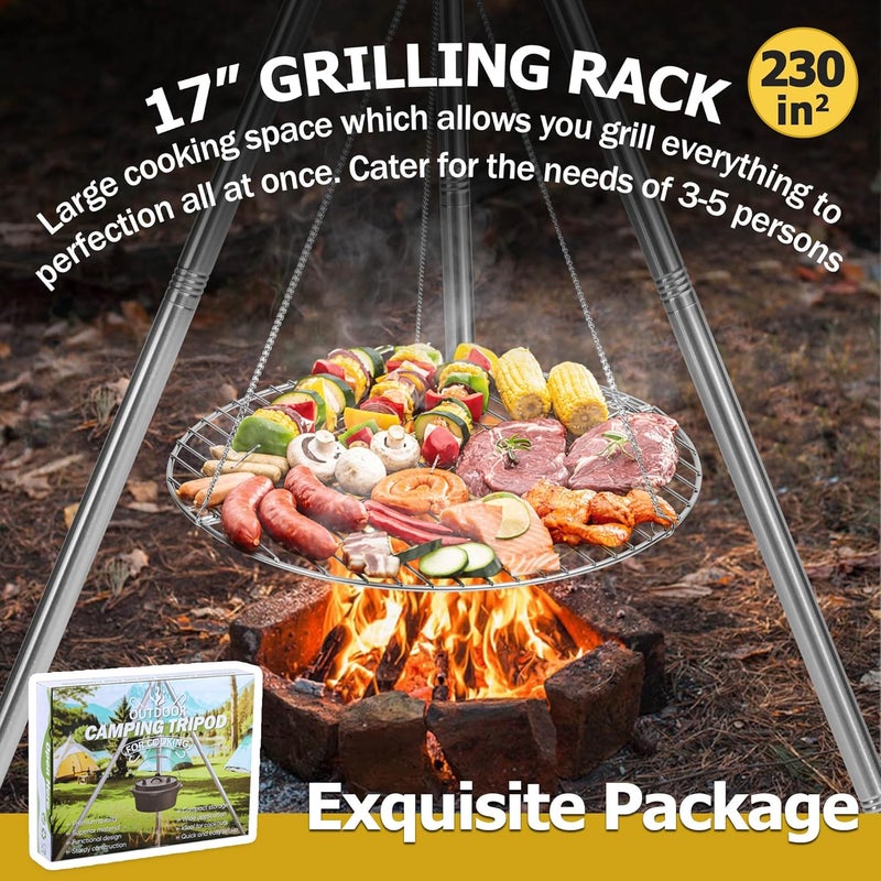 Joyfair Campfire Camping Tripod Grill Grate(17” Dia.), Heavy Duty Stainless Steel Openfire Tripod with Over Firepit Rack Camp Equipment, Adjustable Height Stand for Outdoor BBQ Cooking Grilling - Image 5